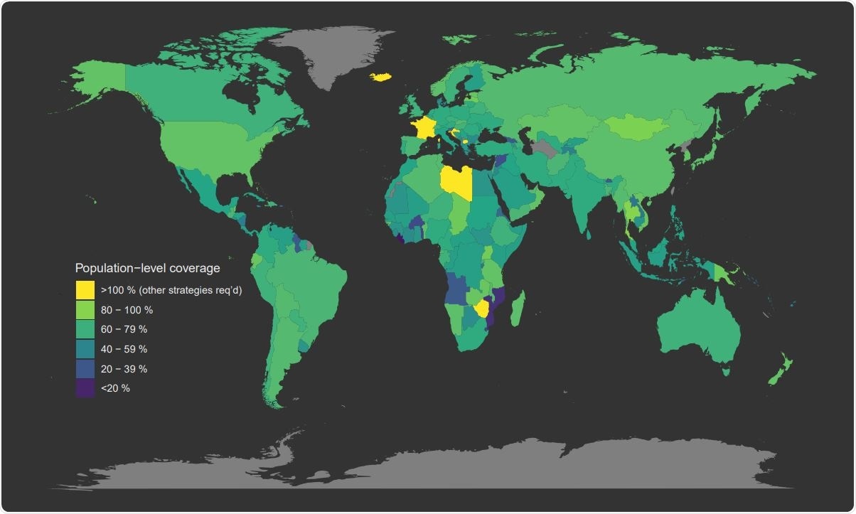 Global target immunization coverage under a unified vaccination policy. Map of the minimum target vaccination range required to achieve herd immunity under a uniform vaccine allocation program. Countries colored bright yellow cannot achieve herd immunity by vaccination alone (that is, the minimum coverage threshold is above 100%).