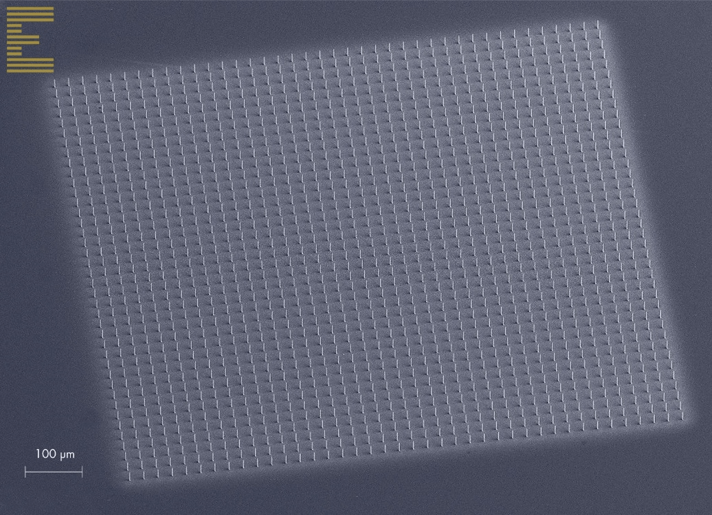 Object uniformity and repeatability: 1600 pillars printed on a 1 mm x 1 mm grid. Each pillar is ~1.6 µm Ø.