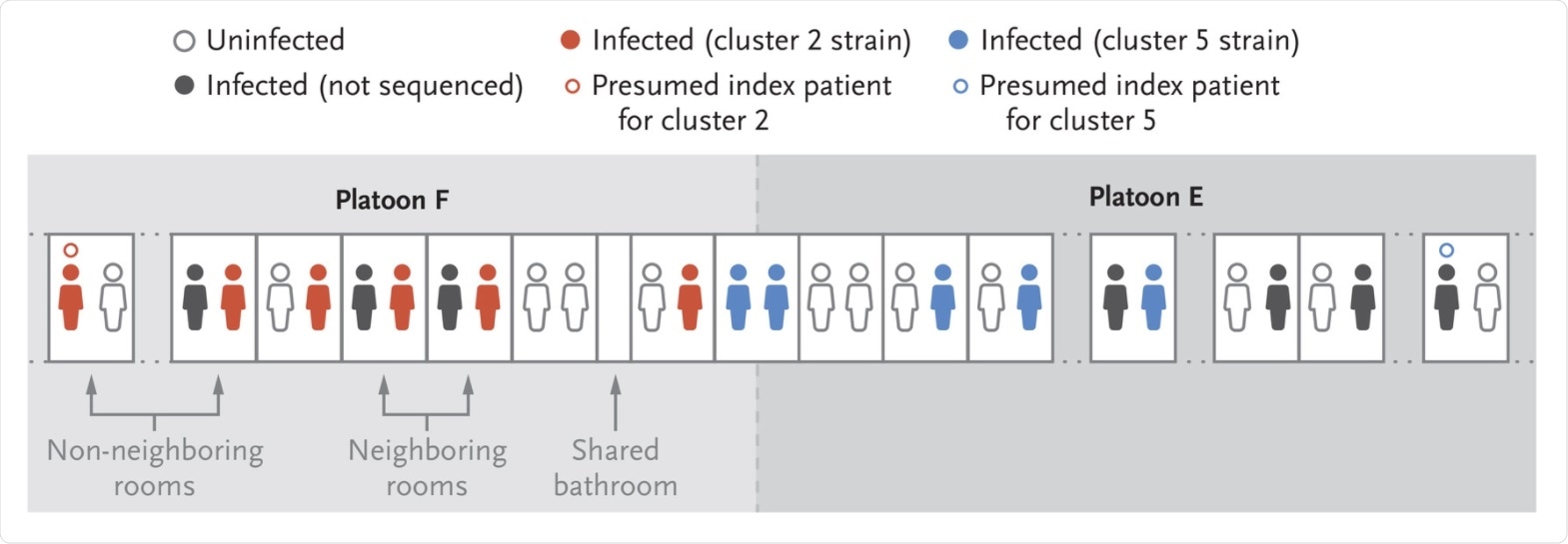 Local infection of SARS-CoV-2 during quarantine.  Participants associated with the two largest transmission clusters (clusters 2 and 5) were identified by the sequence and were roommates or members of the same platoon. This shows that double room and shared platoon membership are important contributors to the transmission. Other infected members of these platoons whose samples were not sequenced may have been infected with the same cluster strain. One recruit from each platoon was found to be infected at the beginning of the quarantine, representing a potential source of each cluster strain.